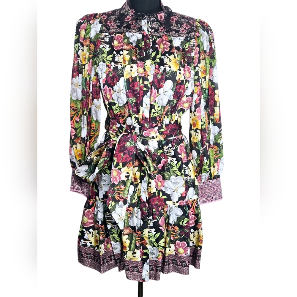 Alice + Olivia Black Floral Mini Dress with White, Yellow & Pink Blooms - Picture 15 of 15